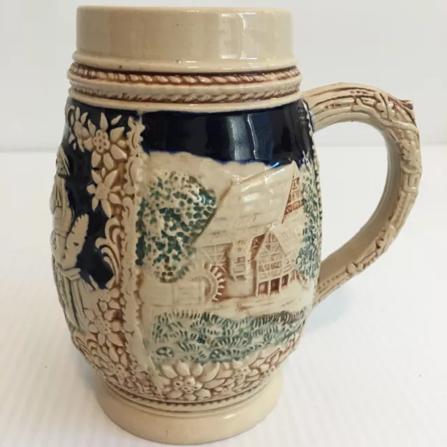 Vintage Beer Stein Mug Watermill Pub Tavern Scene Relief Pottery Signed 3042 21