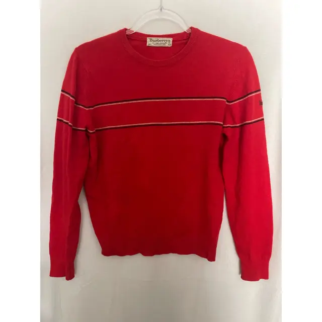 BURBERRY SWEATER MENS S Vintage Pullover Red Crew Neck Lambswool Stripe ...