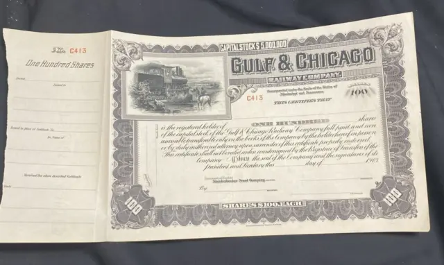 1903 Gulf and Chicago Railway Company Stock Certificate -100 shares- No. C413