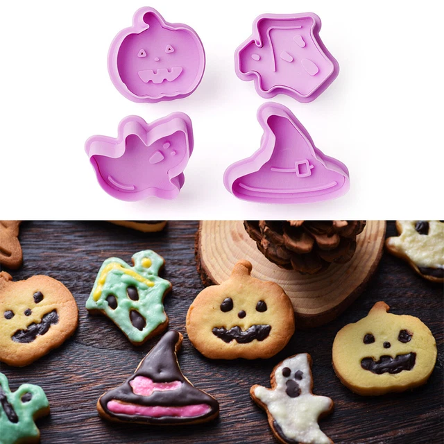 (Violet)4pcs Pastry Fondant Cutter Set Cake3D Spring Loaded Pastry With Haunted