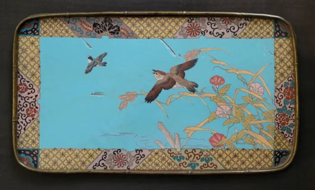 19th C. Cloisonne 14.5" Vanity Tray Flowers & Birds Bronze Border Bamboo Motif