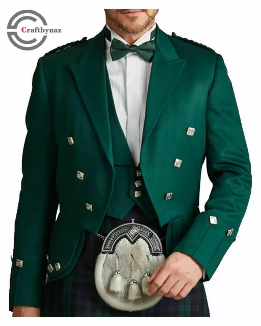 Men’s Green Wool Doublet Prince Charlie Kilt Jacket with Waistcoat Chest 34"-54"