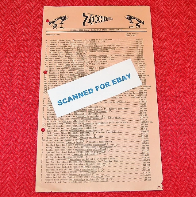 VINTAGE ORIGINAL FEB. 1987 Reptile Price List from Zooherp Inc. in