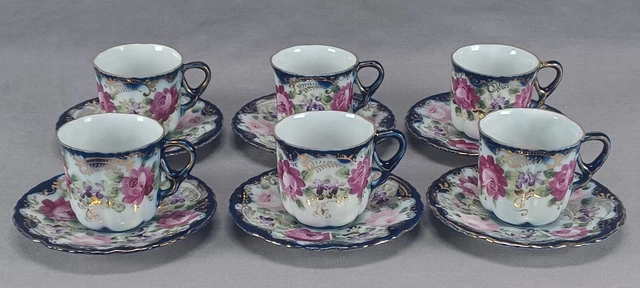 Set of 6 Nippon Hand Painted Pink Roses Cobalt & Gold Demitasse Cups & Saucers