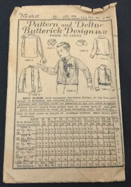 Antique 1923 Pattern & Deltor Butterick Design #4637 Boys' Blouse Size 7