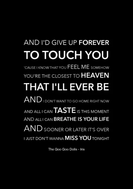 The Goo Goo Dolls - Iris - Black Song Lyric Art Poster - A4