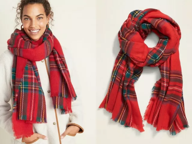 NWT Old Navy Long Flannel Blanket Scarf Wrap Shawl Tartan Pashmina Red Plaid