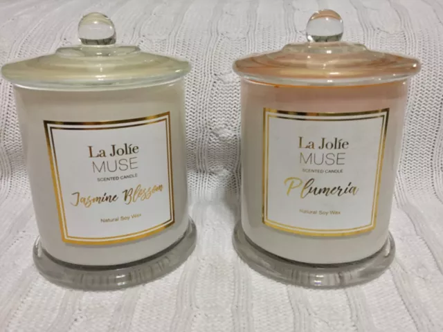 Two La Jolie Muse Natural Soy Wax Candles Jasmine Blossom & Plumeria
