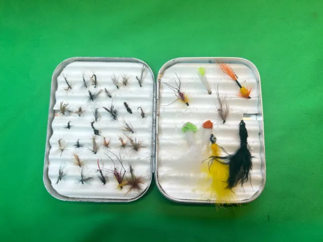 Wheatley Slim-Alloy Metal Fly Box. Approx 35  Trout Flies