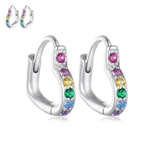 S925 Sterling Silver Earrings Rainbow Heart CZ Hoop Earrings By Sursenso