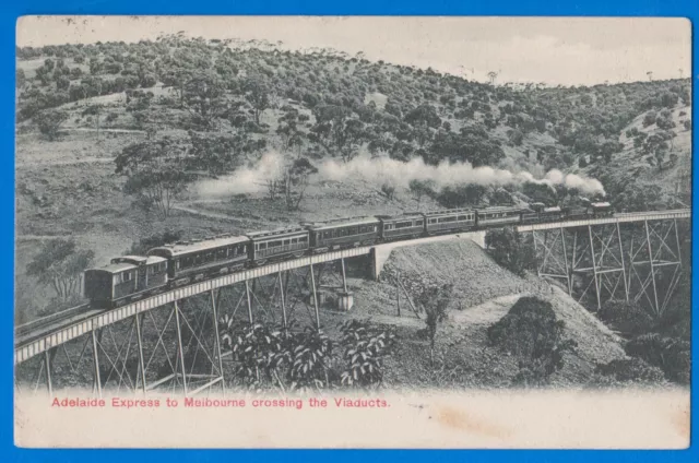 Adelaide Express train to Melbourne crossing the viaducts, 1907 old postcard