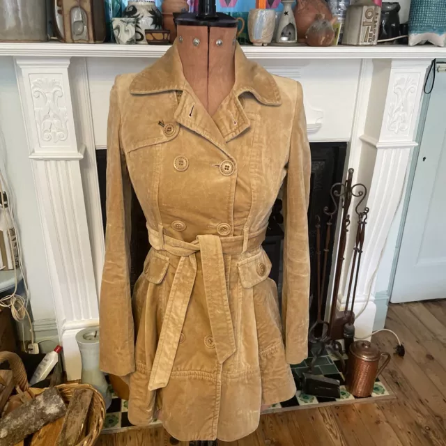 Karen Millen Tailored Fitted Double Breasted Velvet Camel Belted Coat UK 8 Vgc