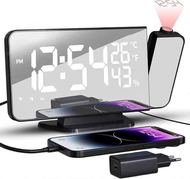 BYZESTY Sveglia Digitale con Proiezione, Sveglia con Proiettore Soffitto a 180°, Orologio Digitale con Temperatura, Data, 12/24 ore, Funzionamento BYZESTY Sveglia Digitale con Proiezione, Sveglia con Proiettore Soffitto a 180°, Orologio Digitale con Temperatura, Data, 12/24 ore, Funzionamento