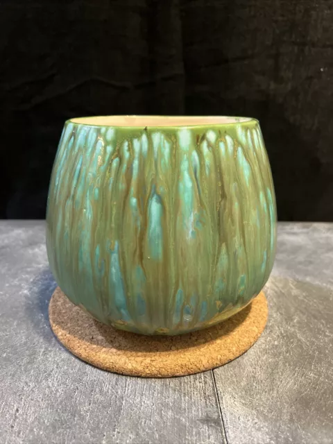 Vintage Art Pottery Green Drip Glaze  Planter 6” Tall, Signed