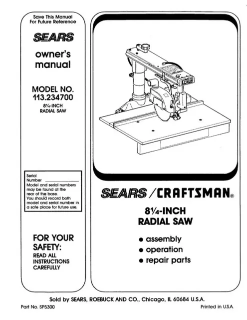 Owner's Manual & Parts List Sears Craftsman 8 1/4" Radial Saw - Model 113.234700