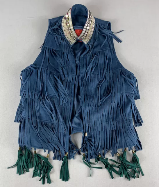 V CRISTINA Blue Fringe Vest Faux Suede Western Studs Embellished WOMENS LARGE