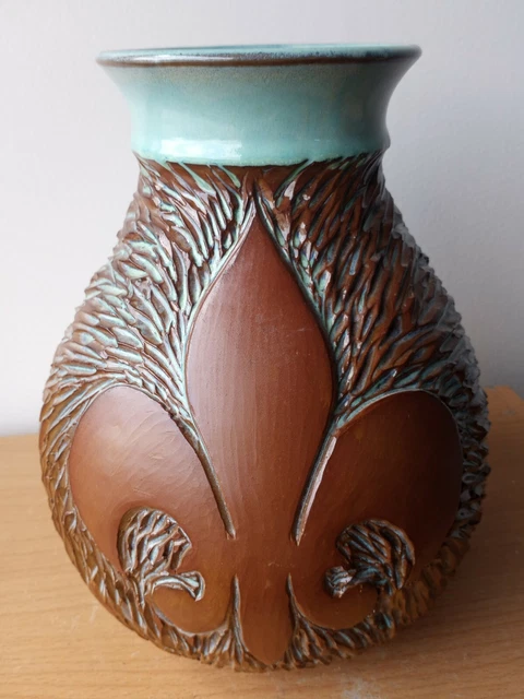 Interesting Bark Carved Stoneware Vase. Artist Signed. Fleur-de-lis.
