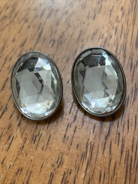 Ben Amun Large Faceted Clear Colorless Designer Signed Vintage Clip On Earrings Ben Amun Large Faceted Clear Colorless Designer Signed Vintage Clip On Earrings