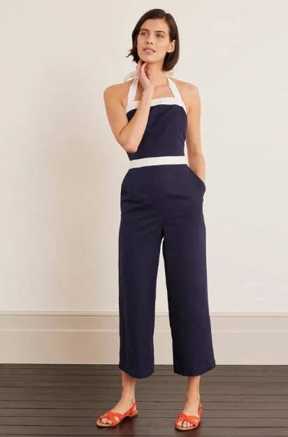 BODEN 'SANTORINI' NAVY/WHITE Linen Blend Halterneck Jumpsuit Uk