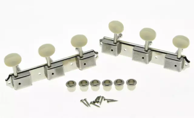 Vintage 3x3 Guitar Tuning Keys 3 on a Plate Tuners Nickel w/ Aged White