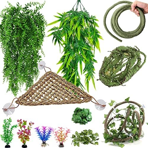 Mechpia 12 Pieces Bearded Dragon Tank Accessories Reptile Hammock Plants and ...