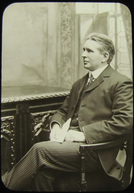 Glass Magic Lantern Slide EDWARDIAN GENTLEMAN SEATED AT DESK C1910 PHOTO