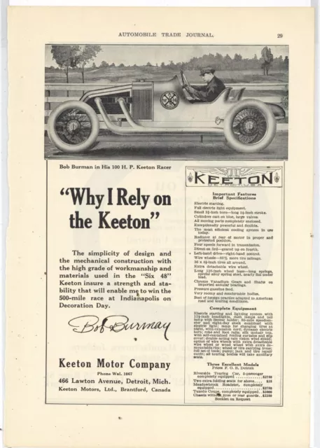 1913 Keeton Motor Co. Ad: Bob Burman w/ 100 HP HP Keeton Racing Car. Spec List