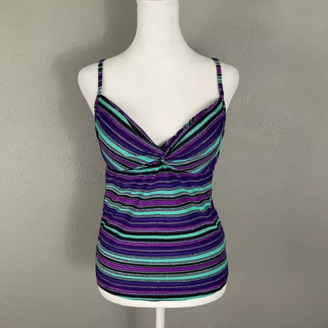 ATHLETA $62 Santa Cruz Knot Stripe Tankini Swim Top Size M Purple Teal Black Pad