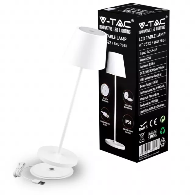 lampada da tavolo tipo poldina V-TAC bianca alluminio ricaricabile dimmer touch
