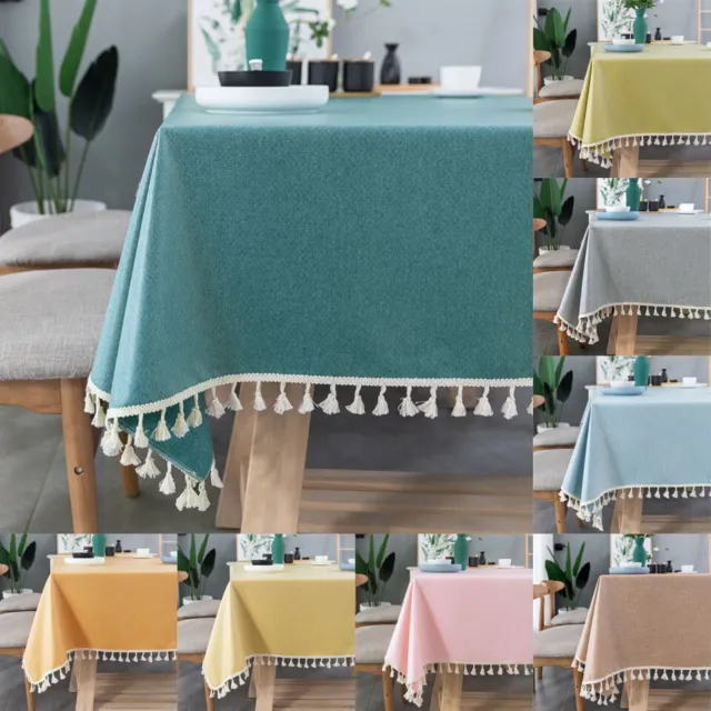 Rectangle Table Cloth Cotton Linen Dust Cover Dining Tablecloth with Tassel