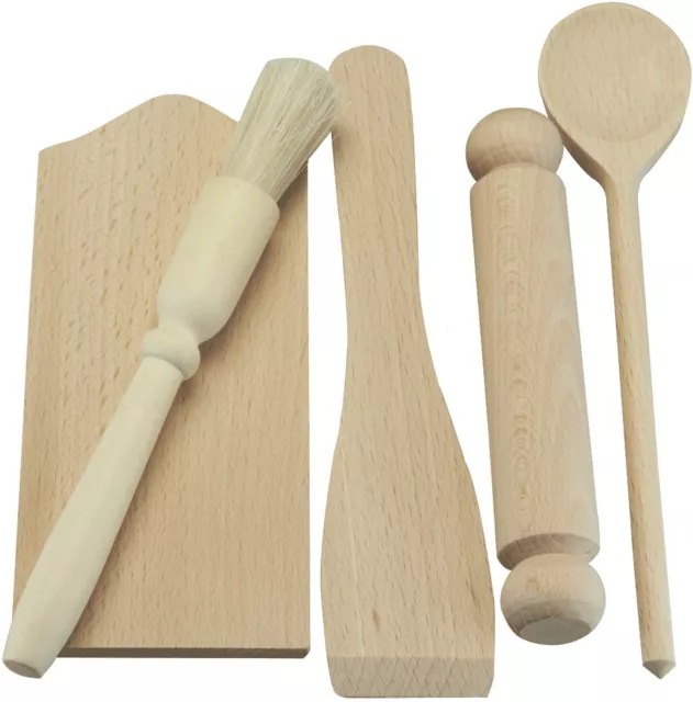 5 Piece Kids Cooking Kitchen Tool Baking Kit Set Beech Wood Utensil Kiddies 5020