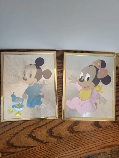 *Lot Of 2* Vintage Framed Foil Baby Mickey & Minnie Disney Art 8x10 RARE MINT