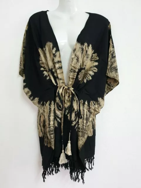 Ladies Tie Dye Beach Cover Up Wrap Top Kimono Tassel Kaftan Batwing Sleeve TDC