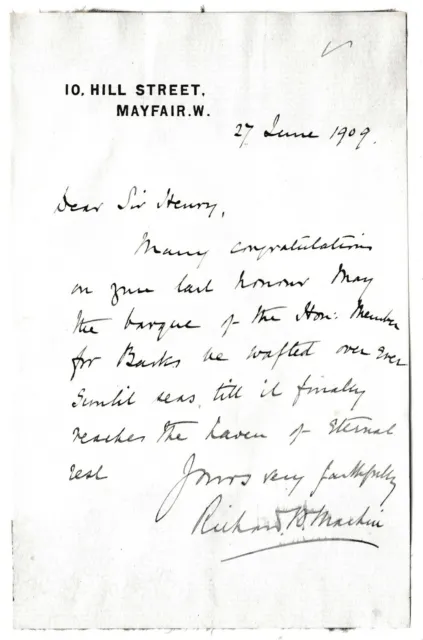 Sir Richard Biddulph Martin MP - partner of the Grasshopper Bank - 1909 letter