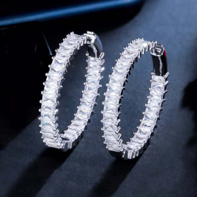 Stunning Silver Plated White Baguette Cubic Zirconia Circle Round Hoop Earrings