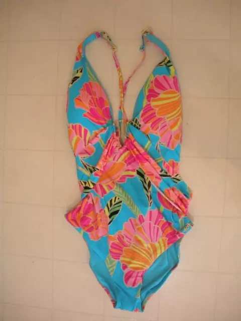 TRINA TURK Multicolor Poppy Belted 1 Pc Plunge Maillot Swimsuit Sz 14 NWT