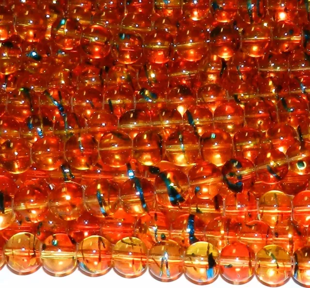 G1788 Yellow & Orange Bi-Color 8mm Round Drawbench Metallic Swirl Glass Bead 32"