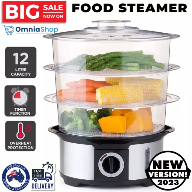 Large Food Steamer 12L 3 Tier Food Steaming Cooking Appliance Electric Stackable