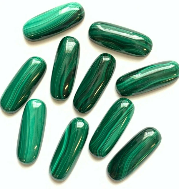 10 Long Genuine Malachite Stone Cabs - 26x10mm Ovals - Vintage Stock