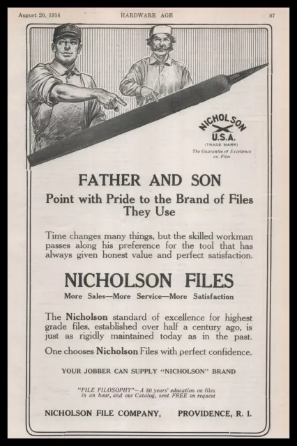 1914 Nicholson File Co. Providence Rhode Island Father & Son Vintage Print Ad