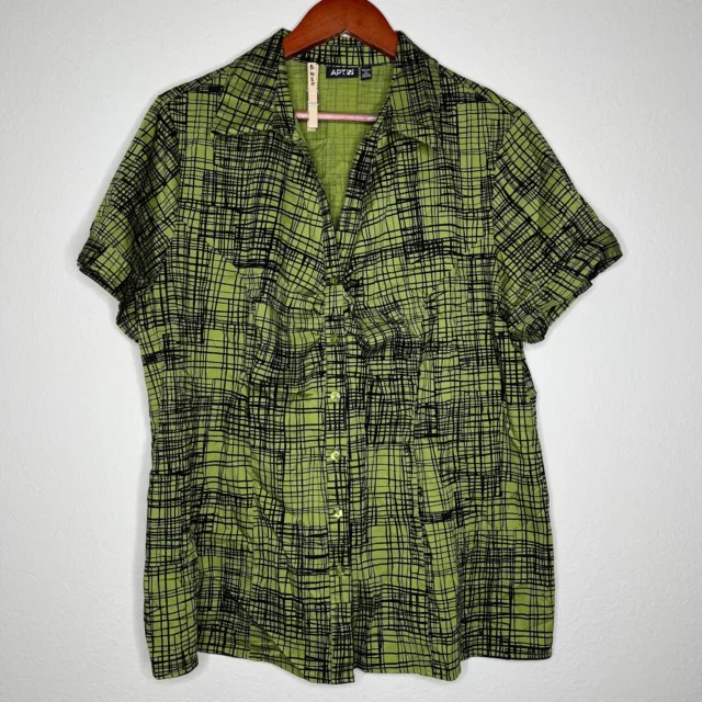 APT 9 Womens Plus Size 1X Collared Short Sleeve Green Geometric Button Up Shirt