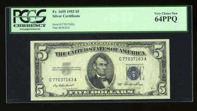 DBR $5 1953 Silver Fr. 1655 CA Block PCGS 64 PPQ Serial C77037163A