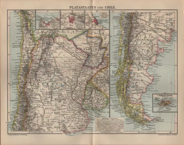 Landkarte map 1906: PLATASTAATEN UND CHILE. Argentinien. Uruguay. CHILE.