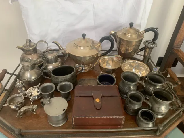 Good Antique  Large Job Lot Of Silver Plate & Pewter Items Enamel Flasks in Case