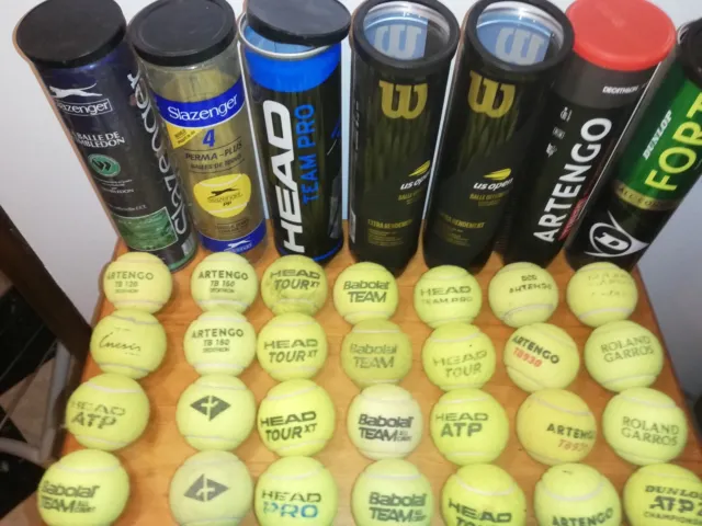 LOT DE 28 BALLES DE Tennis avec 7 tubes :Dunlop Wilson 6 head artengo Babolat
