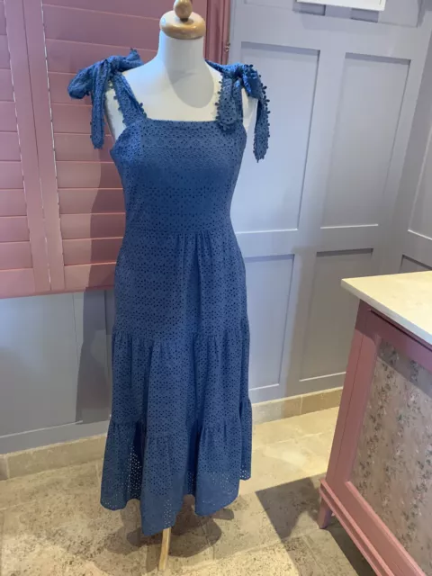 Wyse Blue Broderie Anglais Midi Dress Size 2 Uk8-10