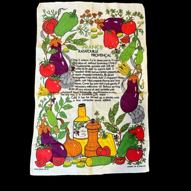 Tea Towel France Ratatouille Provencal Recipe Vegetable Herb Retro 1970s Vintage