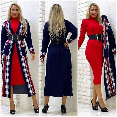 Women’s Two Piece Set Turtleneck Maxi Belted Dress and Patterned Cardigan Suit'