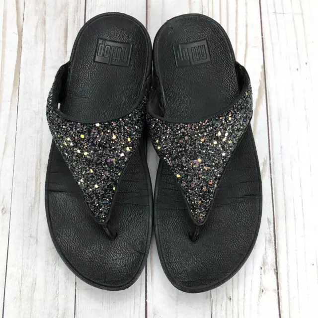 FitFlop Lulu  Glitter Sandals Thong Flip Flop Wedge Slip On Black Womens Size 6