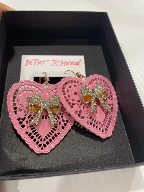 New Betsey Johnson Dangle Heart Earrings W Crystal Bow Pink Color